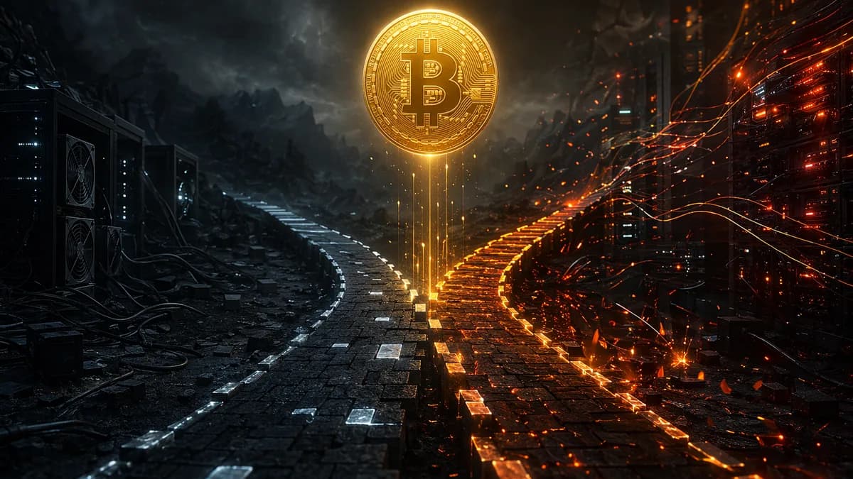 Bitcoin network splitting amid idle mining rigs, symbolizing zero support and fork risk.