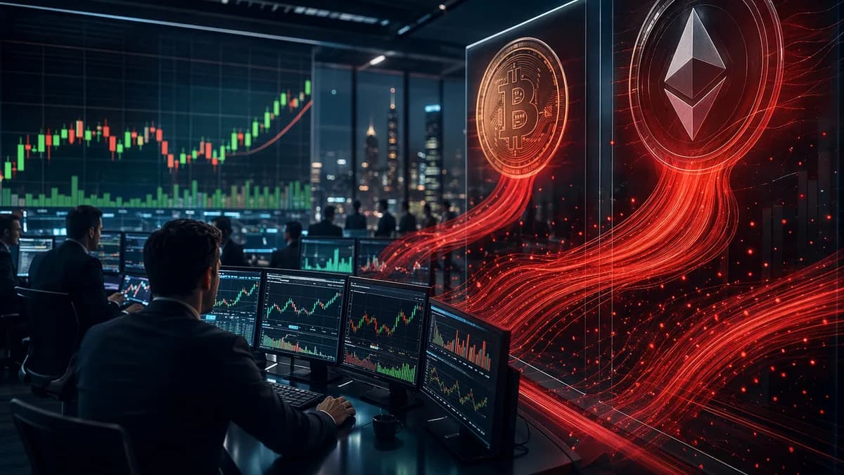 Trading desk with crypto ETF outflows shown as red market data streams and volatile charts.