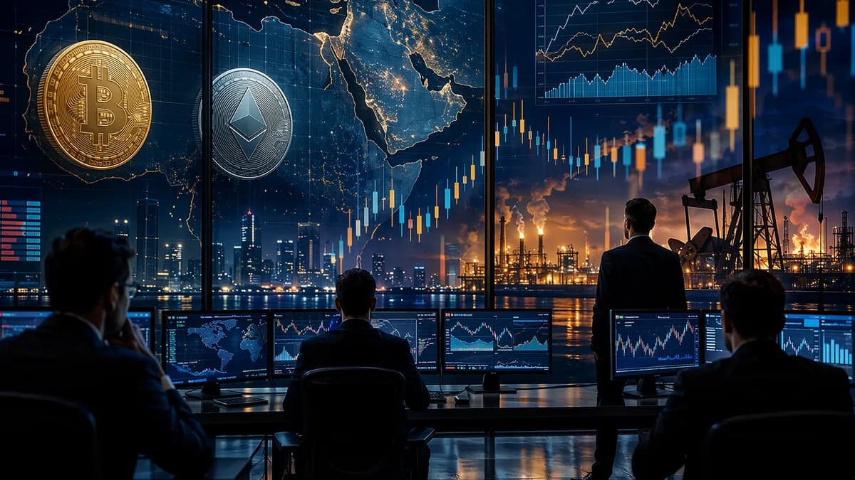 Crypto trading floor with calm markets amid geopolitical tension and oil market uncertainty