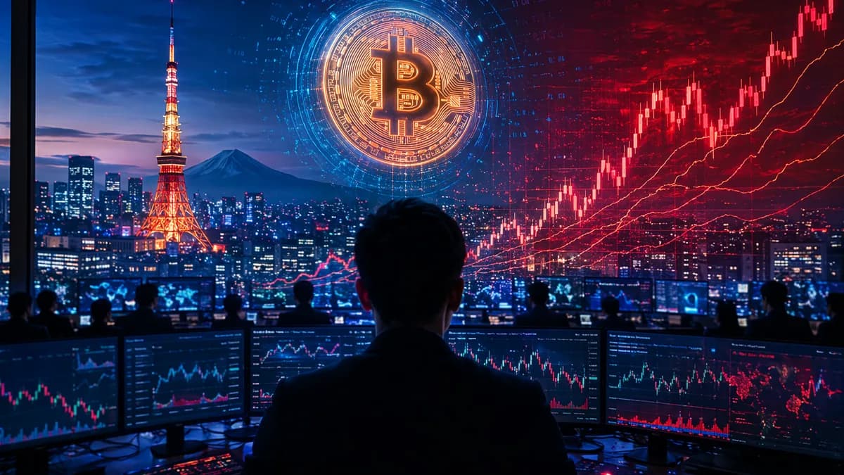 Bitcoin trading scene with Tokyo skyline and rising yield charts signaling Japan-led market pressure.