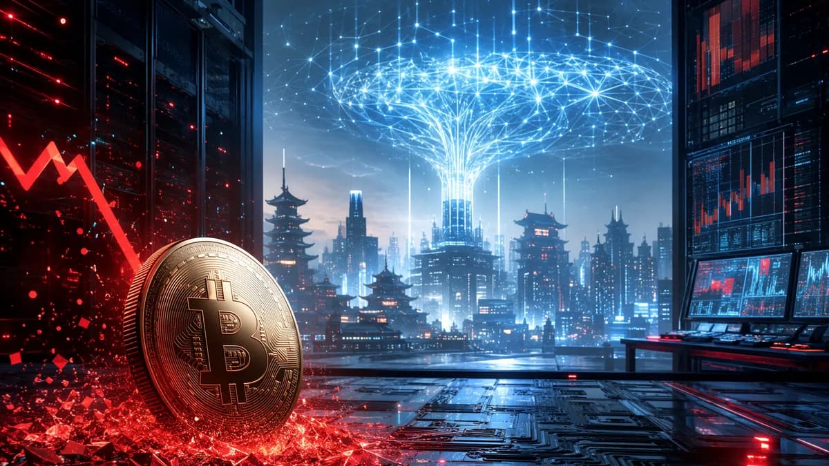 Bitcoin drops amid AI compute disruption in a futuristic tech workspace.