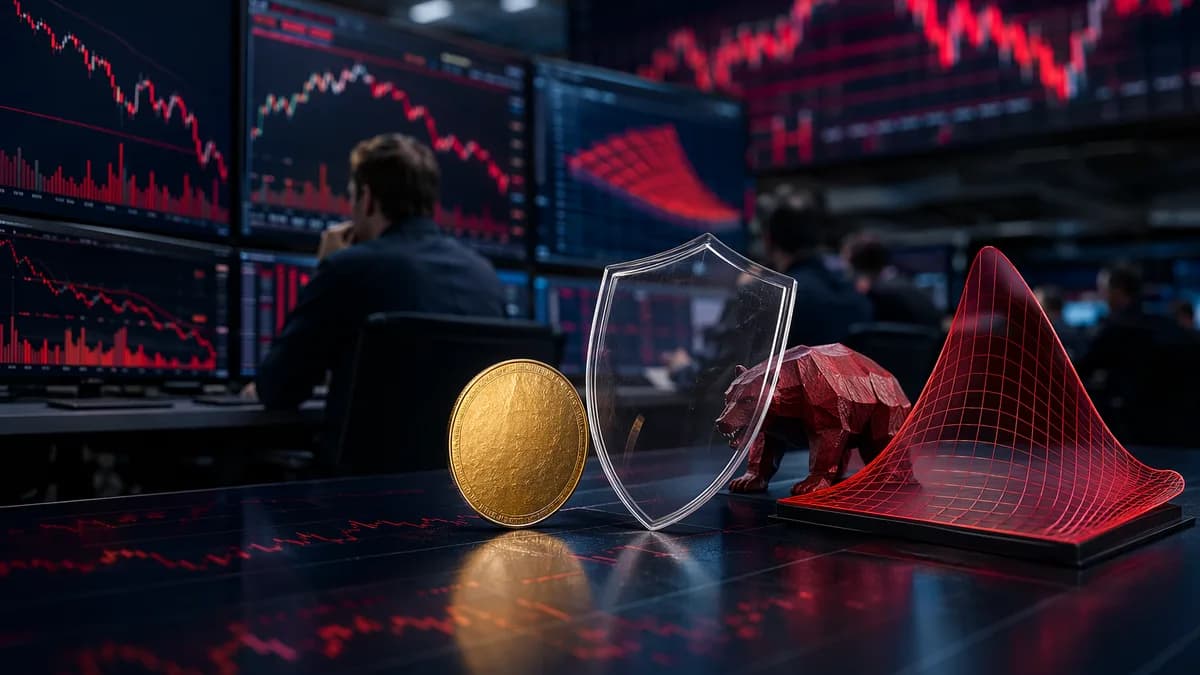 Crypto trading desk with falling charts and protective shield symbolizing downside options demand