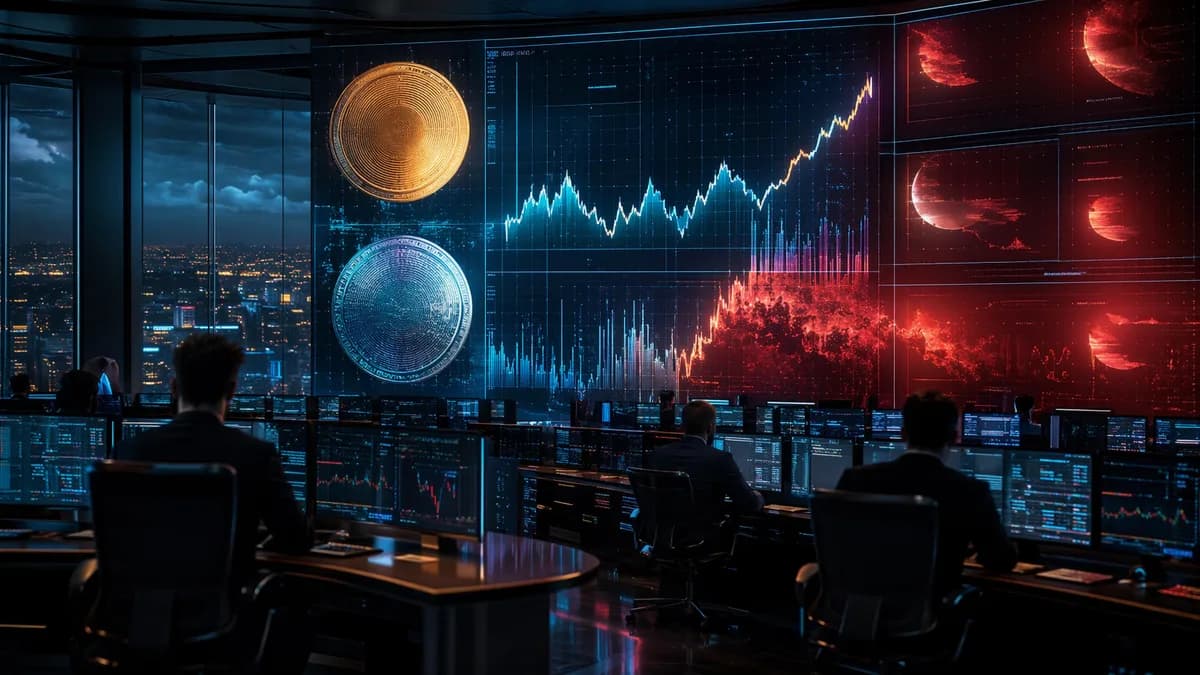 Crypto trading desk with cautious market visuals after a Bitcoin and ether bounce