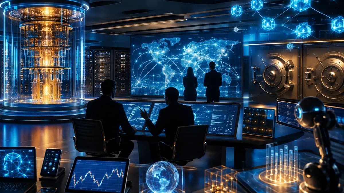 Futuristic finance security center shielding crypto networks from quantum computing threats.