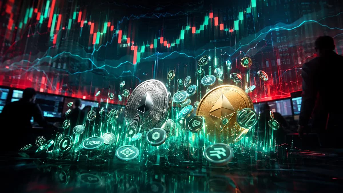 Small crypto tokens surge ahead of larger coins during a fragile market rebound on a trading floor.