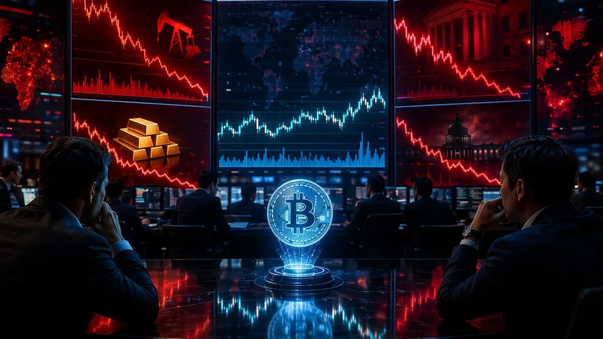 Bitcoin trading desk with steady crypto chart amid broader market selloff and geopolitical tension