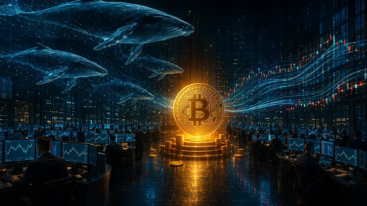 Bitcoin whales accumulating amid ETF outflows on a futuristic trading floor with market charts.
