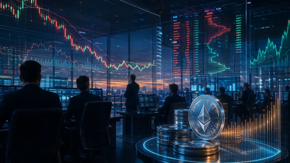 Crypto trading floor with market charts and glowing digital coins suggesting ETH buying amid weakness