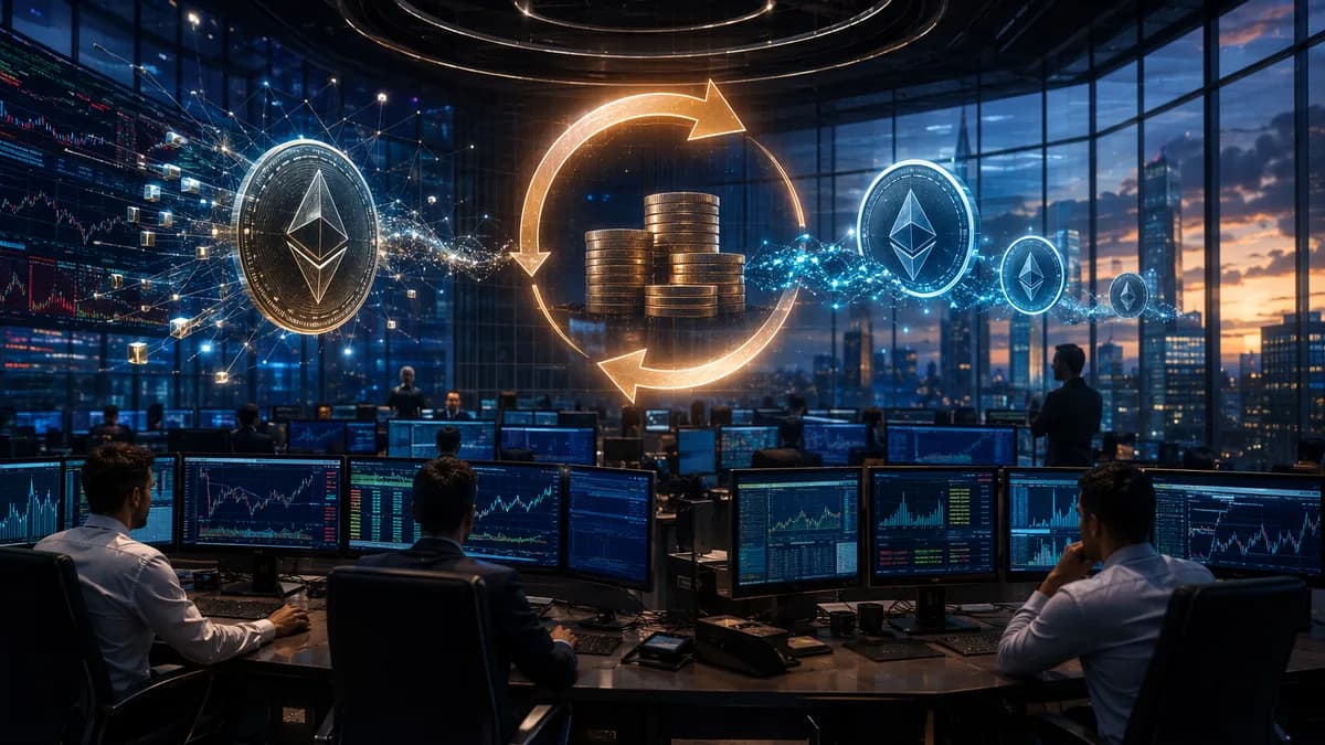 Crypto trading floor showing ETH assets, buyback symbolism, and market data screens