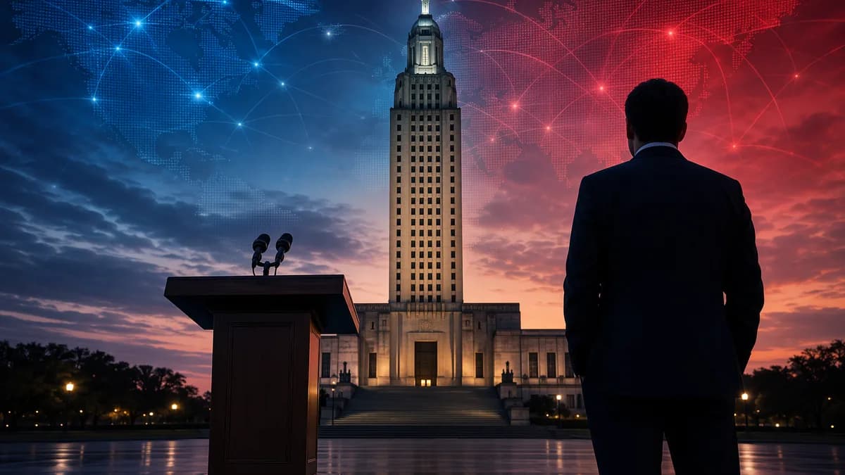 Louisiana political campaign scene with capitol, podium, shadows, and global map overlay.