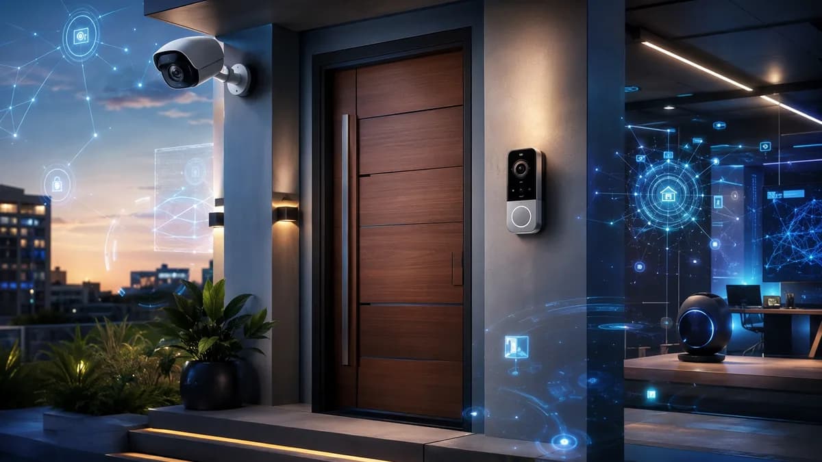 Smart home video doorbell and security camera in a futuristic connected home setting