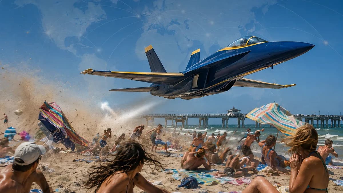 Low-flying military jet over a crowded beach as umbrellas fly in the wind.