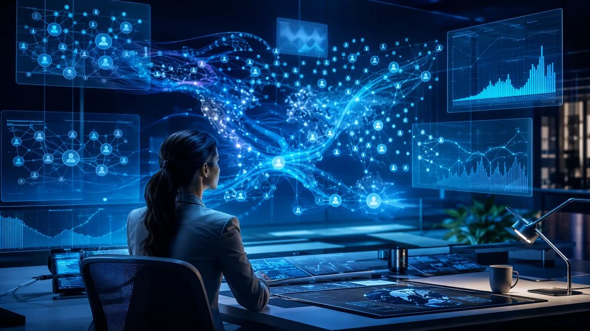 AI social research hub with blue data networks, search panels, and decentralized conversation streams.