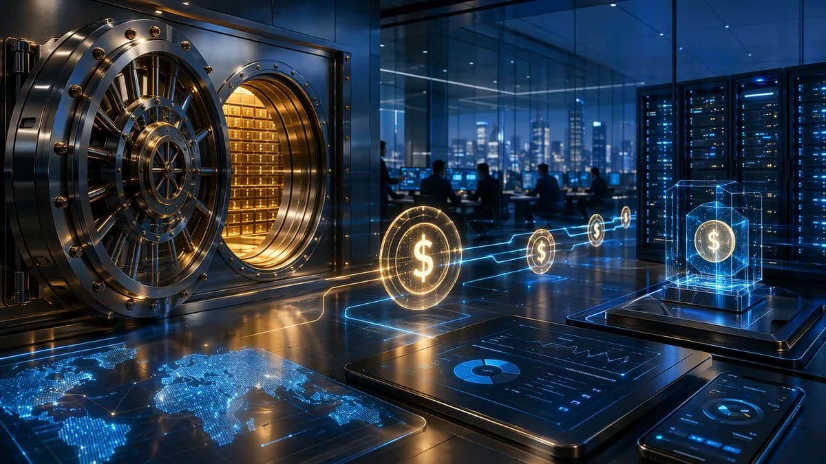 Institutional digital vault with glowing stablecoin tokens and blockchain payment rails