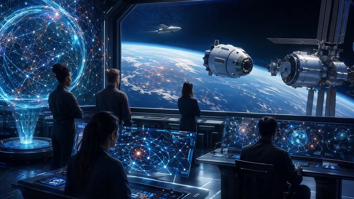 Generic crew capsule near a space station, viewed from futuristic mission control with engineers monitoring.