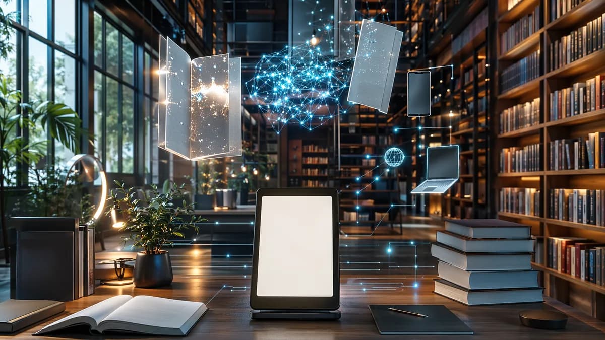 Blank e-reader in a futuristic bookstore workspace with glowing digital book panels and tech networks.