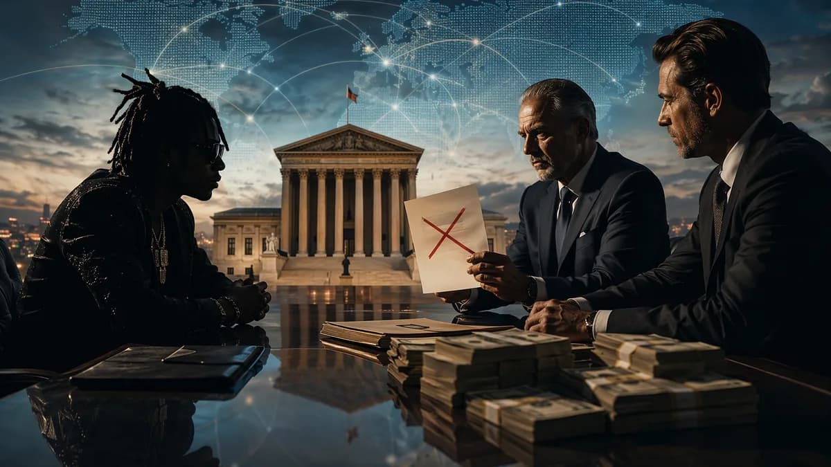 Symbolic legal and political access dispute with cash, courthouse, silhouettes, and global map connections.