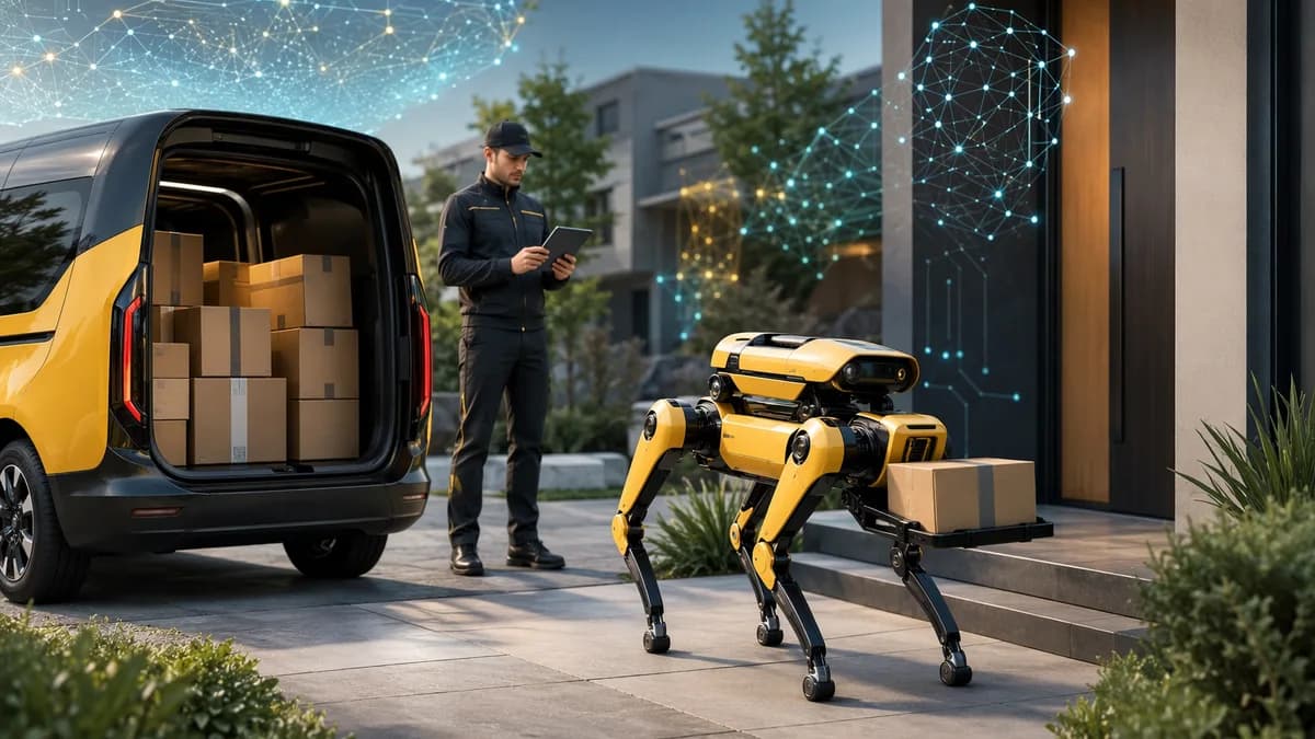 Robot dog carrying a parcel from a delivery van to a modern doorstep