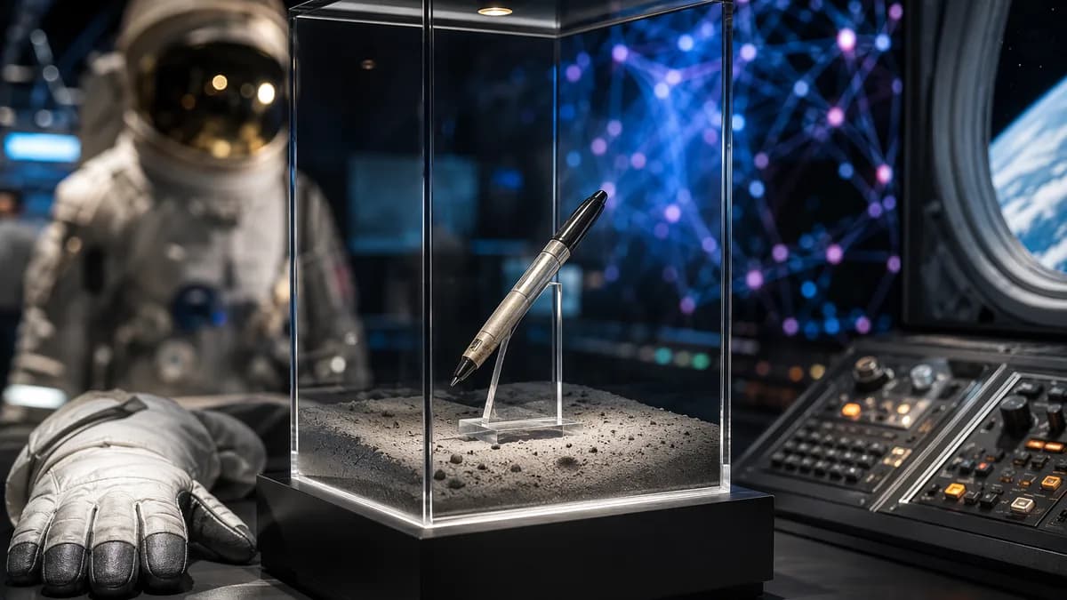 Vintage felt-tip pen displayed as a priceless space auction artifact in a futuristic tech setting.