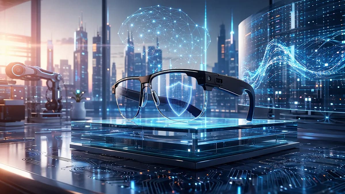 Camera-free smart glasses displayed in a futuristic AI innovation hub with privacy-themed holograms.