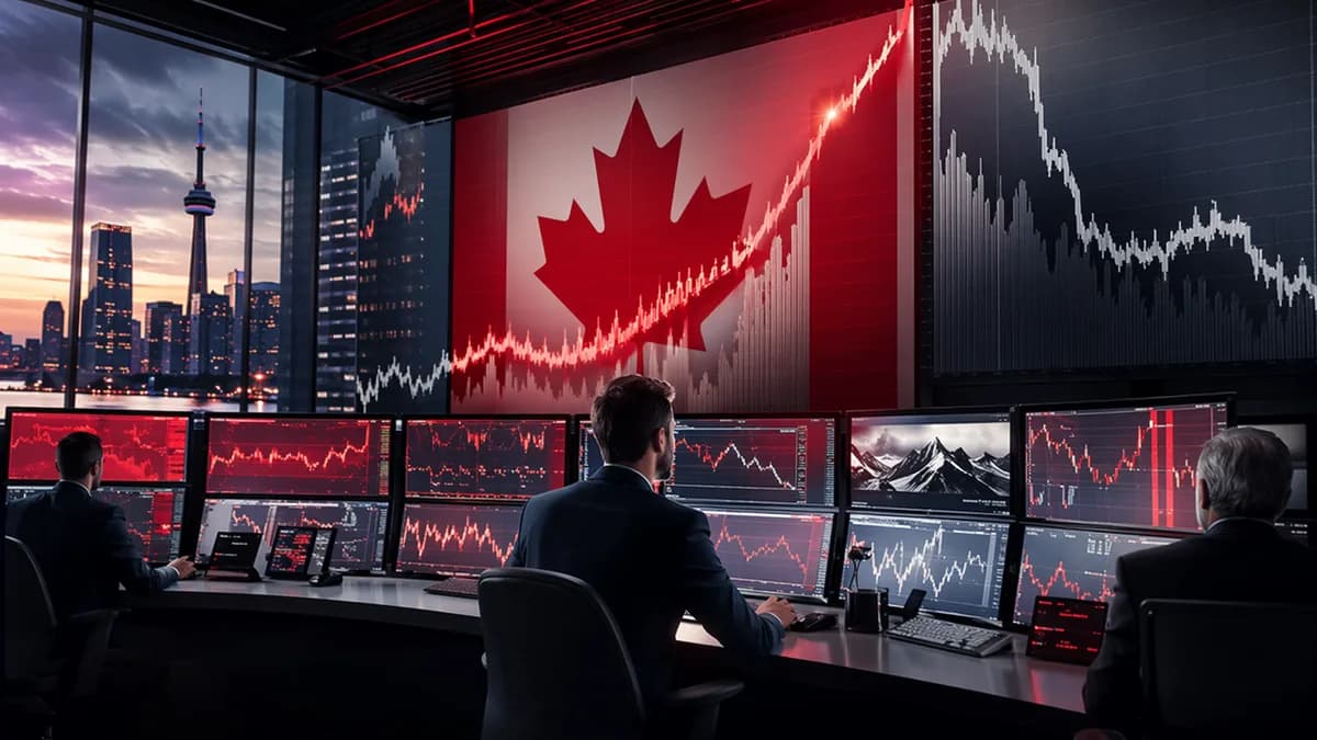 Trading desk with Canadian-themed market visuals showing CAD strength after strong jobs data