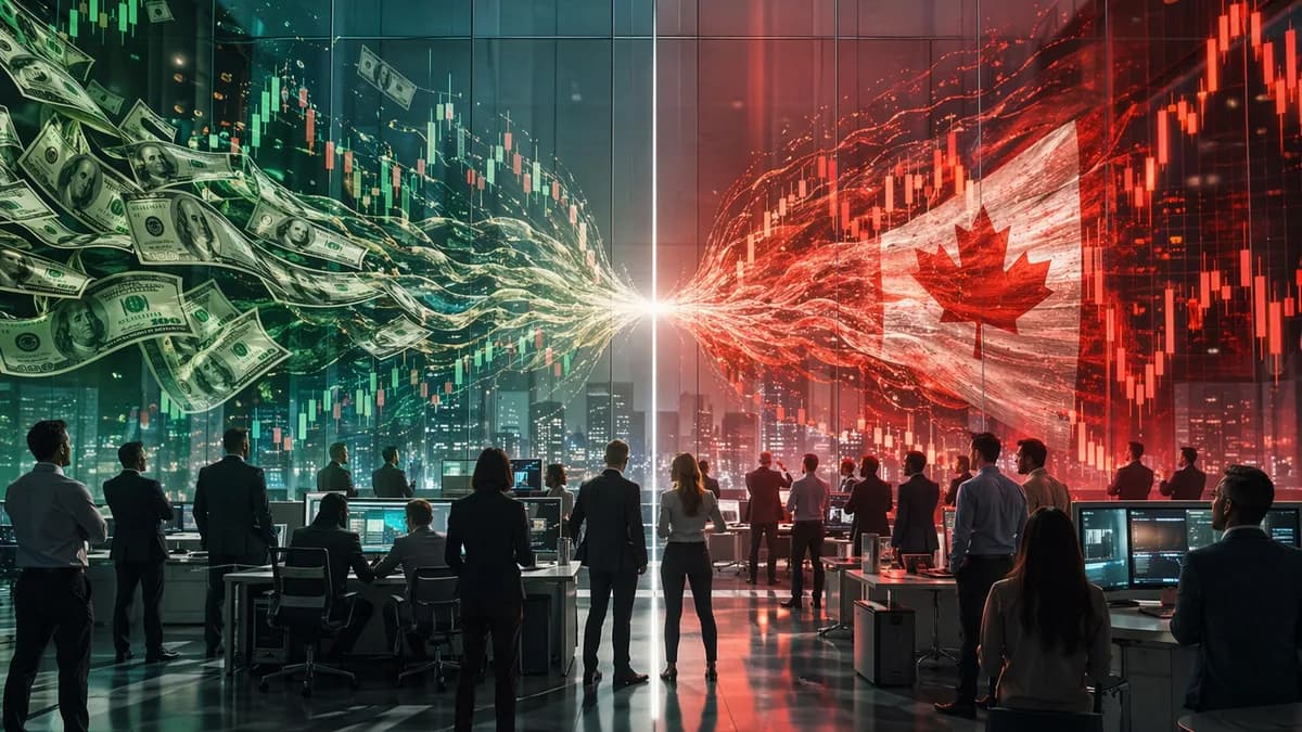 Trading floor with abstract FX charts and Canadian dollar-inspired visuals showing balanced USD/CAD consolidation.