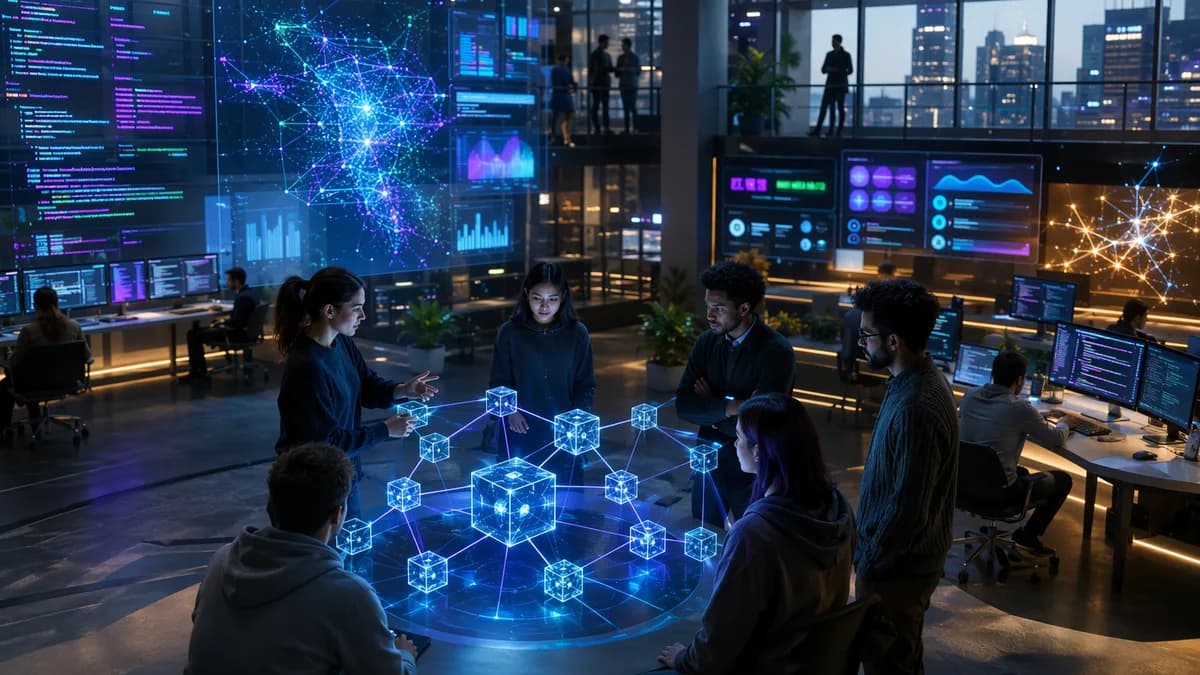 Independent developer teams take over a decentralized blockchain network in a futuristic fintech workspace.