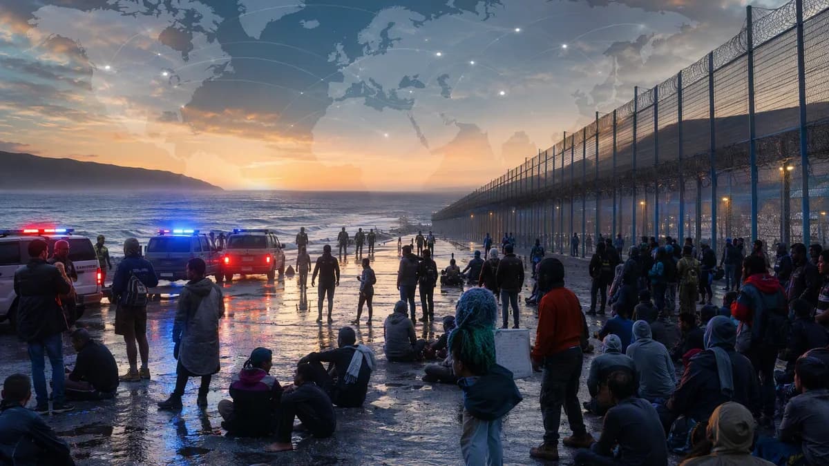Migrants gather near the Ceuta border as global map lines suggest geopolitical pressure.