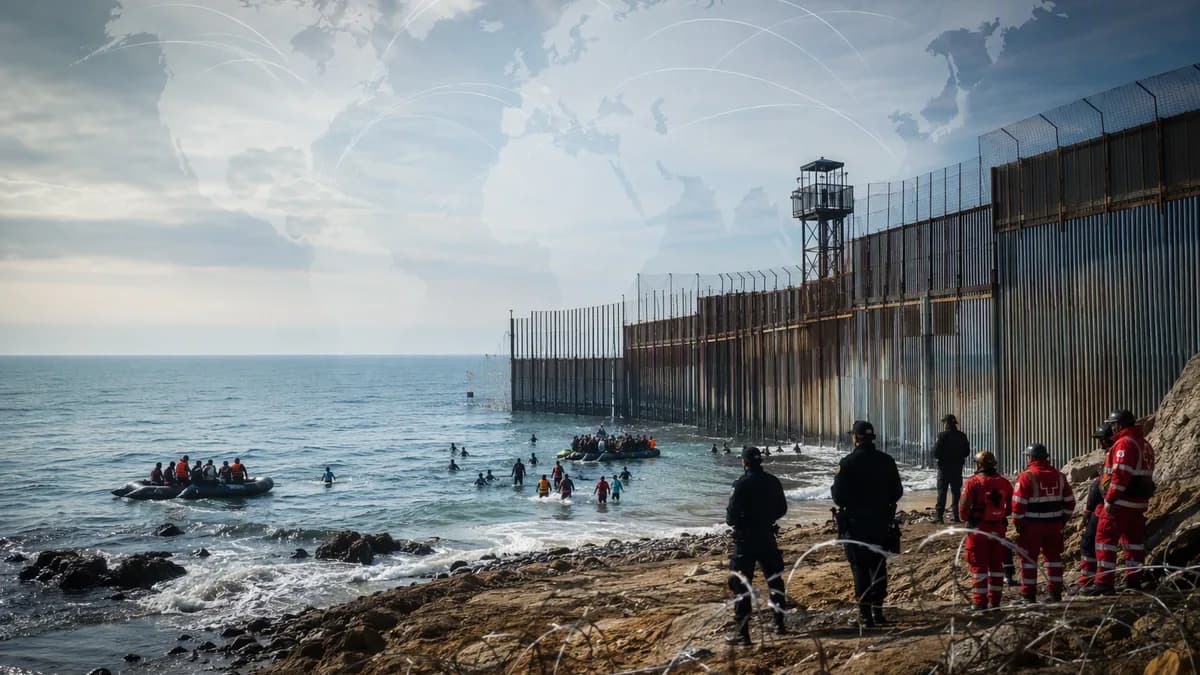 Migrants swim around a coastal border fence toward Ceuta amid a tense geopolitical crisis.