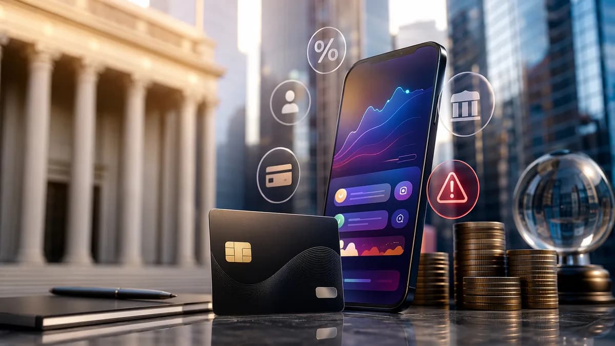 Credit card, banking app, coins, and regulatory building symbolize renewed scrutiny of late fees.