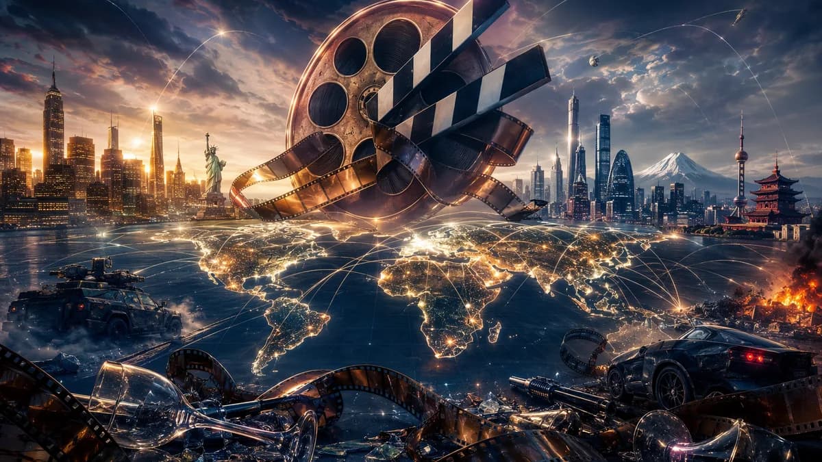 Global cinema scene with world map, film reels, champagne glass, and light trails evoking cult bad movies.