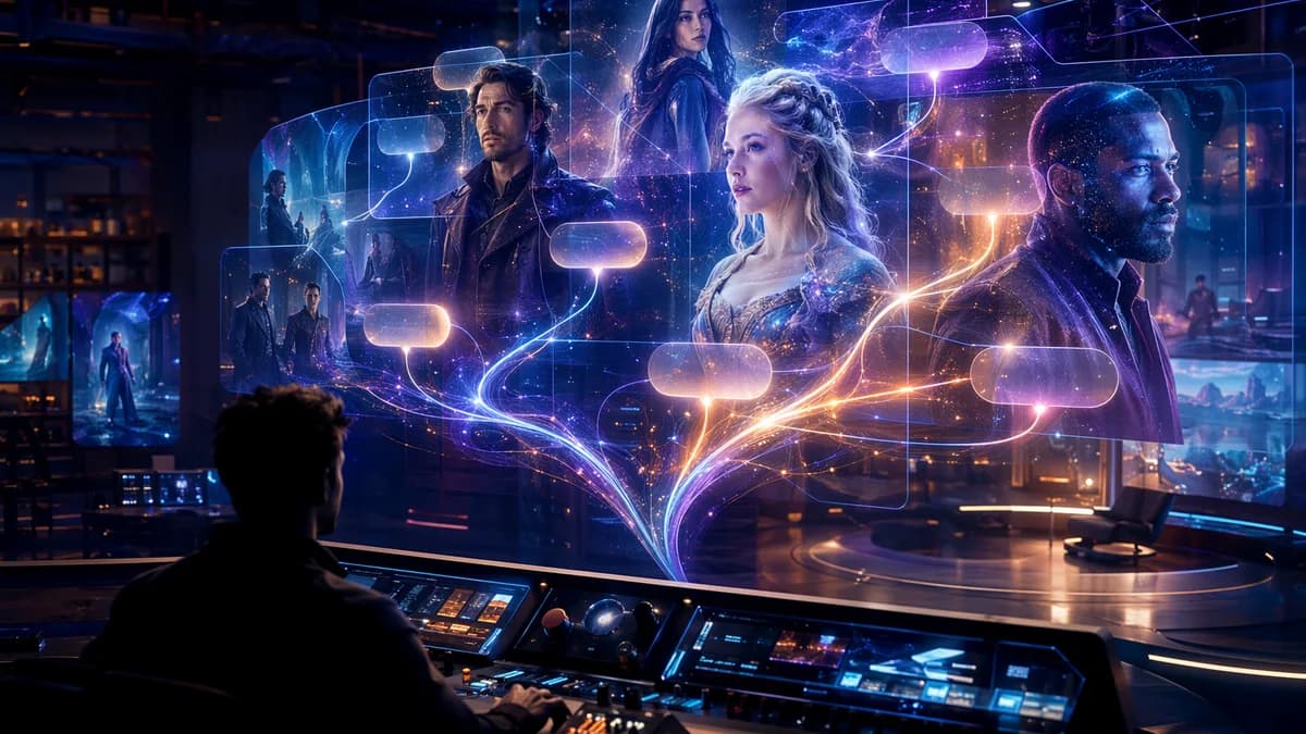 Futuristic AI studio with holographic drama characters and branching interactive story paths.