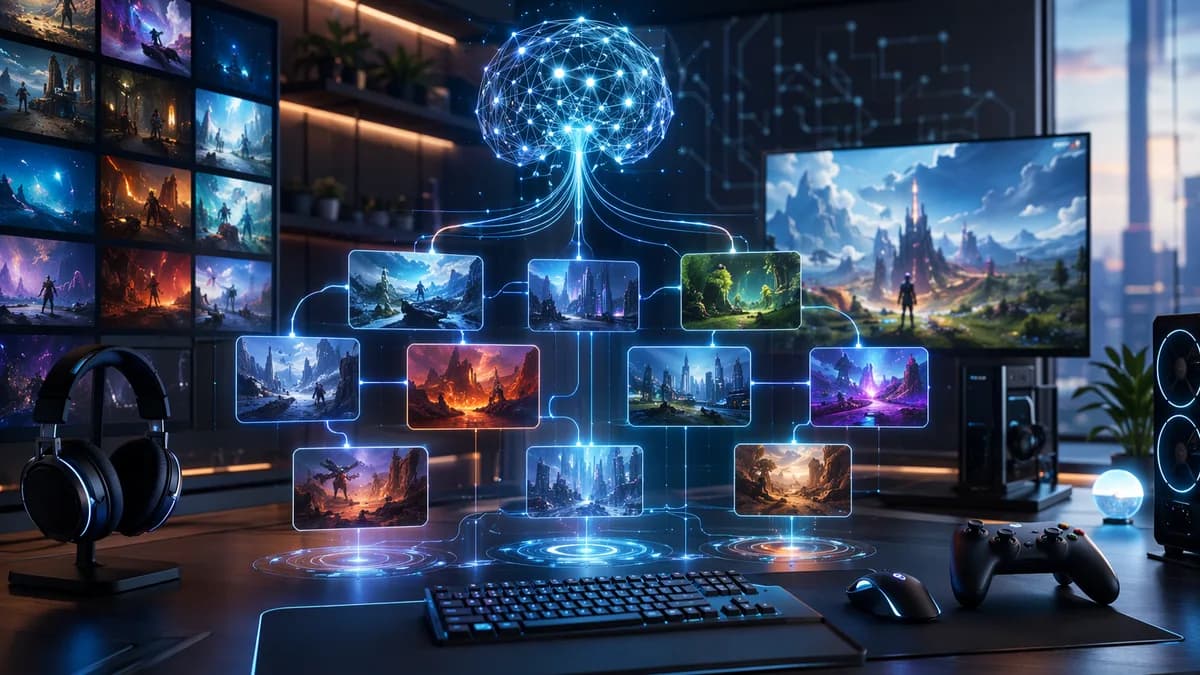 AI hologram organizing a gamer’s backlog in a sleek futuristic workspace.
