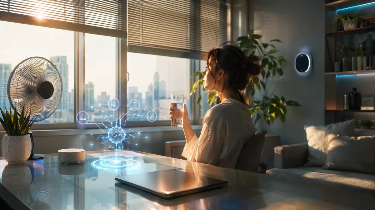 AI-assisted home cooling scene with fan, blinds, thermostat, and summer sunlight in a modern workspace.