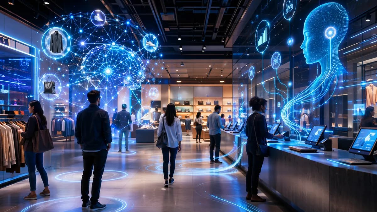 AI neural network guiding shoppers through a futuristic retail store with abstract analytics and screens.