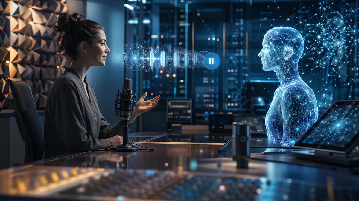 Futuristic AI voice lab showing a human and neural assistant with calm sound waves and screens.