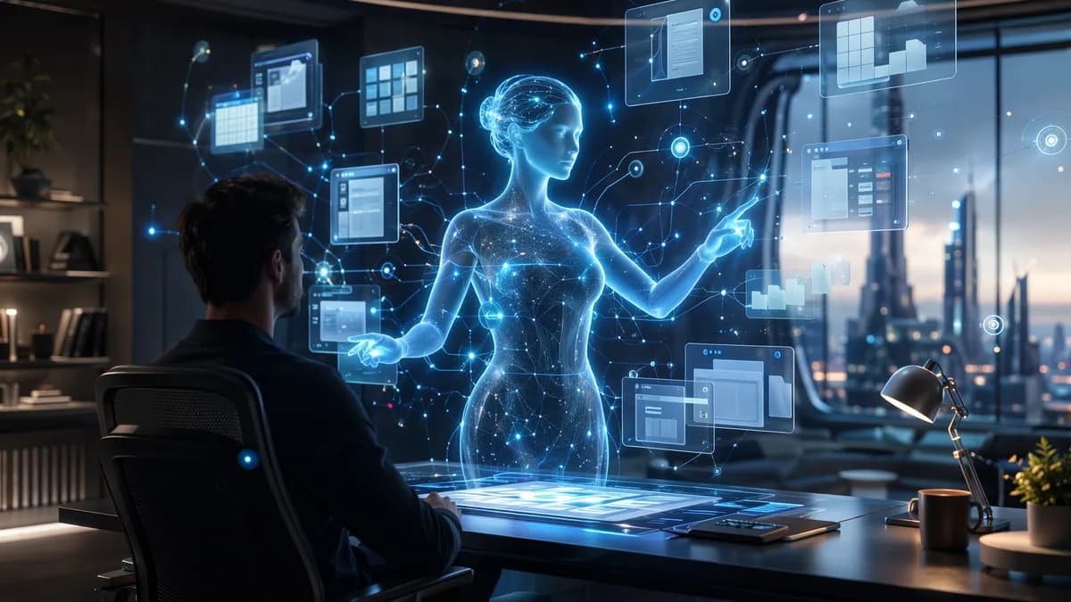 AI office agent orchestrating complex workflows across apps in a futuristic workspace.