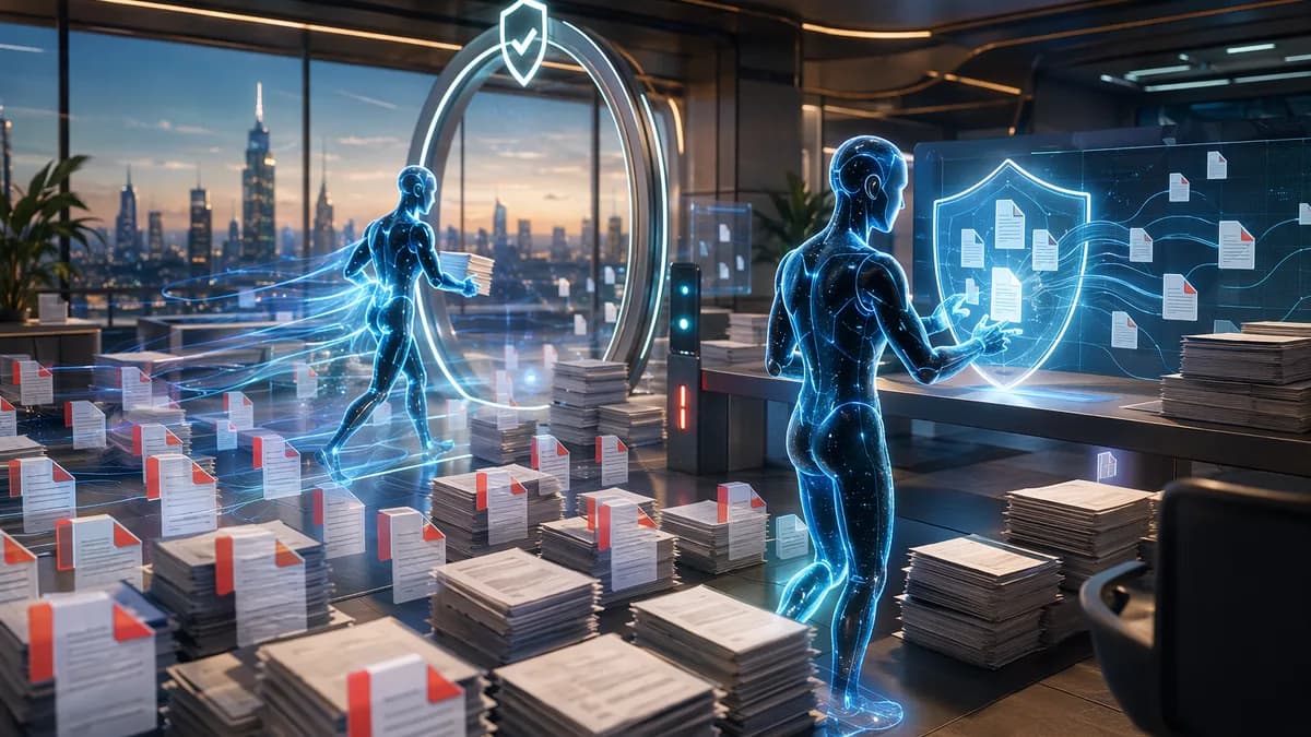 Two AI file agents sort digital documents in a futuristic workspace with security controls.