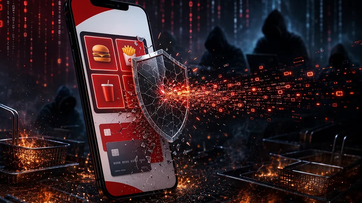 Generic fast-food rewards app under cyberattack with locks, shield, QR tiles, and dark security visuals.