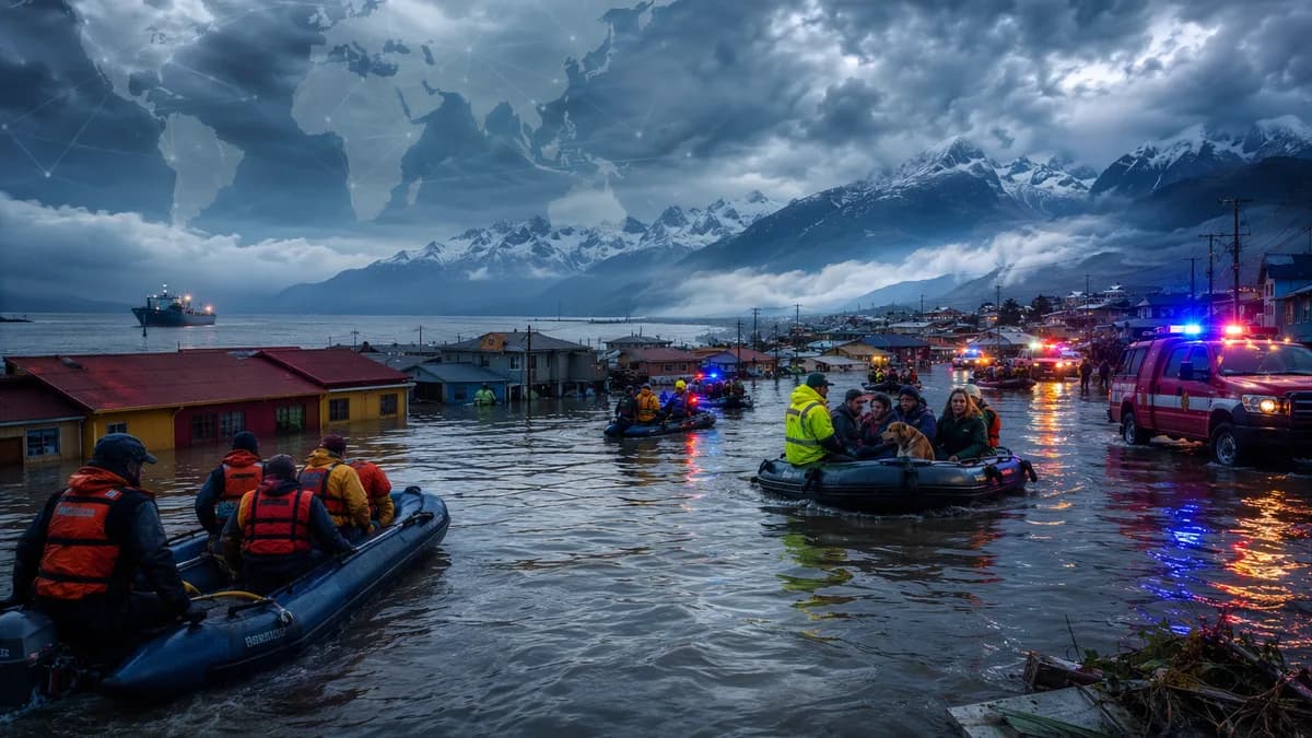 Flooded Chilean town with rescue boats and storm clouds, shown as a global climate emergency.