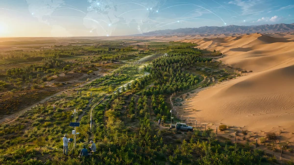 Aerial view of China’s green desert barrier with researchers, irrigation lines, and global map connections.
