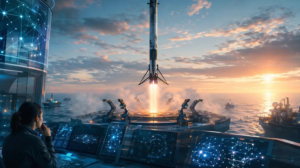 Reusable rocket booster being caught by a high-tech sea platform at dawn with mission control visuals.