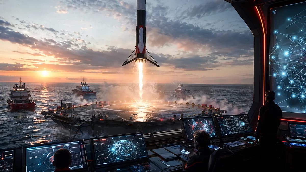 Reusable rocket booster landing on an ocean platform with futuristic mission control visuals.