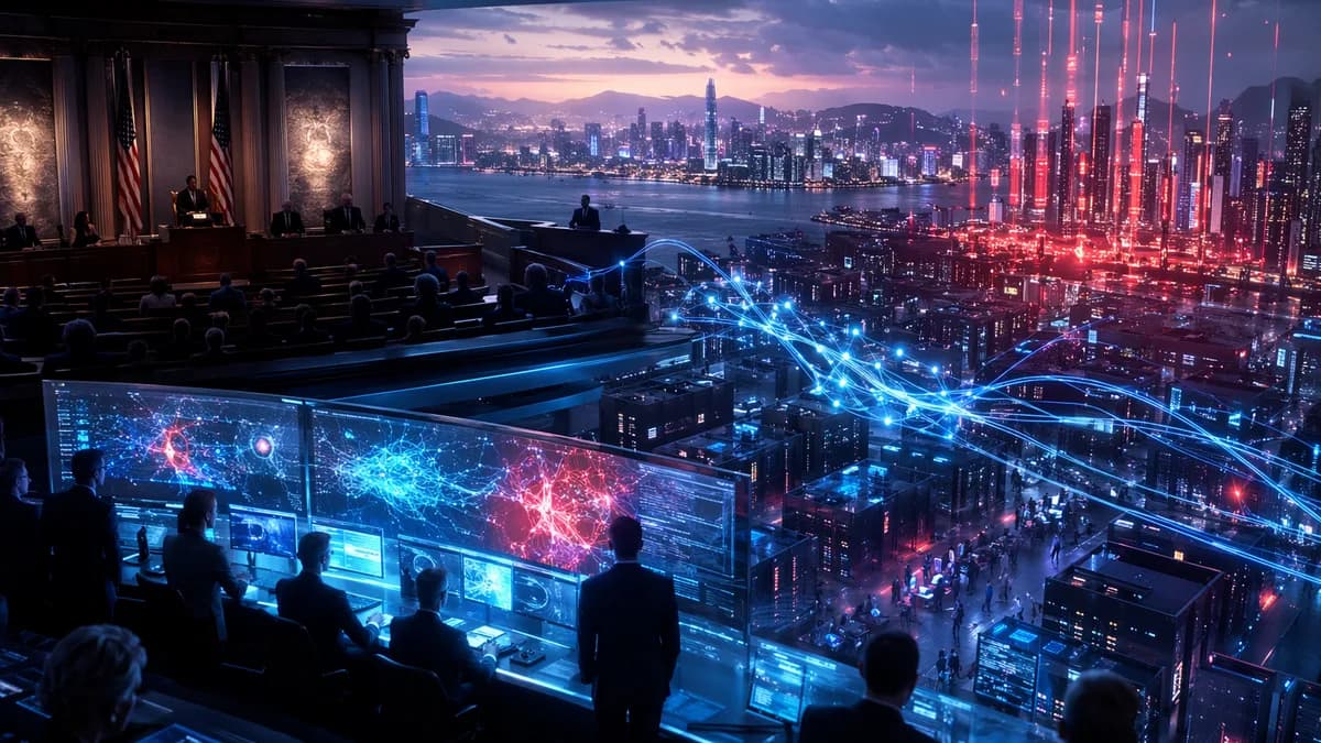 US policy chamber overlooking AI networks linking corporate systems to an Asian tech hub.