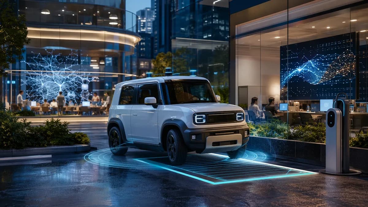 Boxy compact EV autonomously parking in a futuristic tech hub with sensor lights and smart city reflections.
