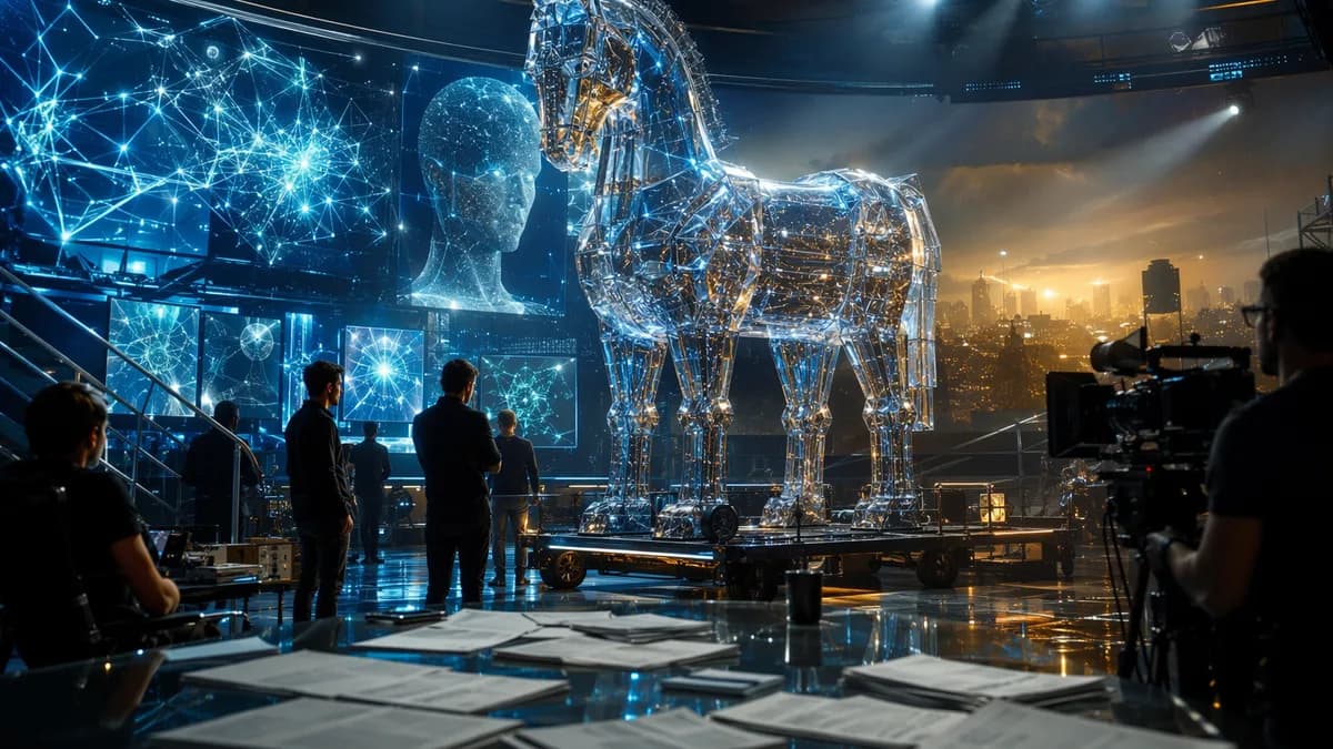 Glass Trojan horse with AI circuitry on a futuristic film set, symbolizing Hollywood’s AI conflict.