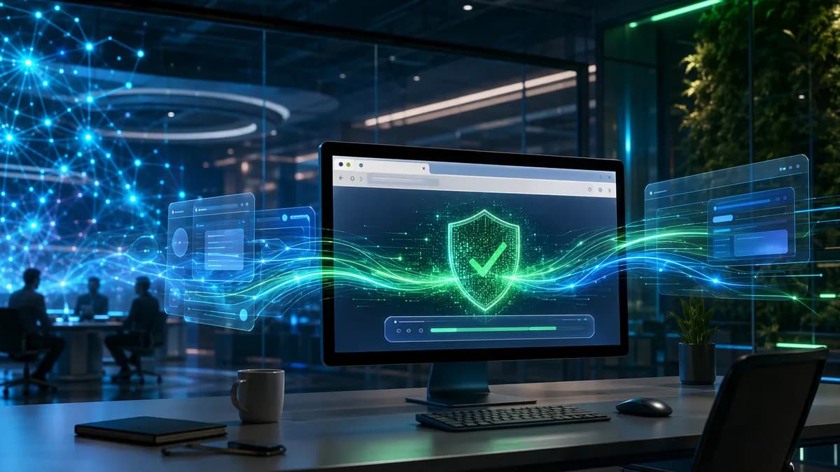 Futuristic workstation showing seamless browser security updates without restart