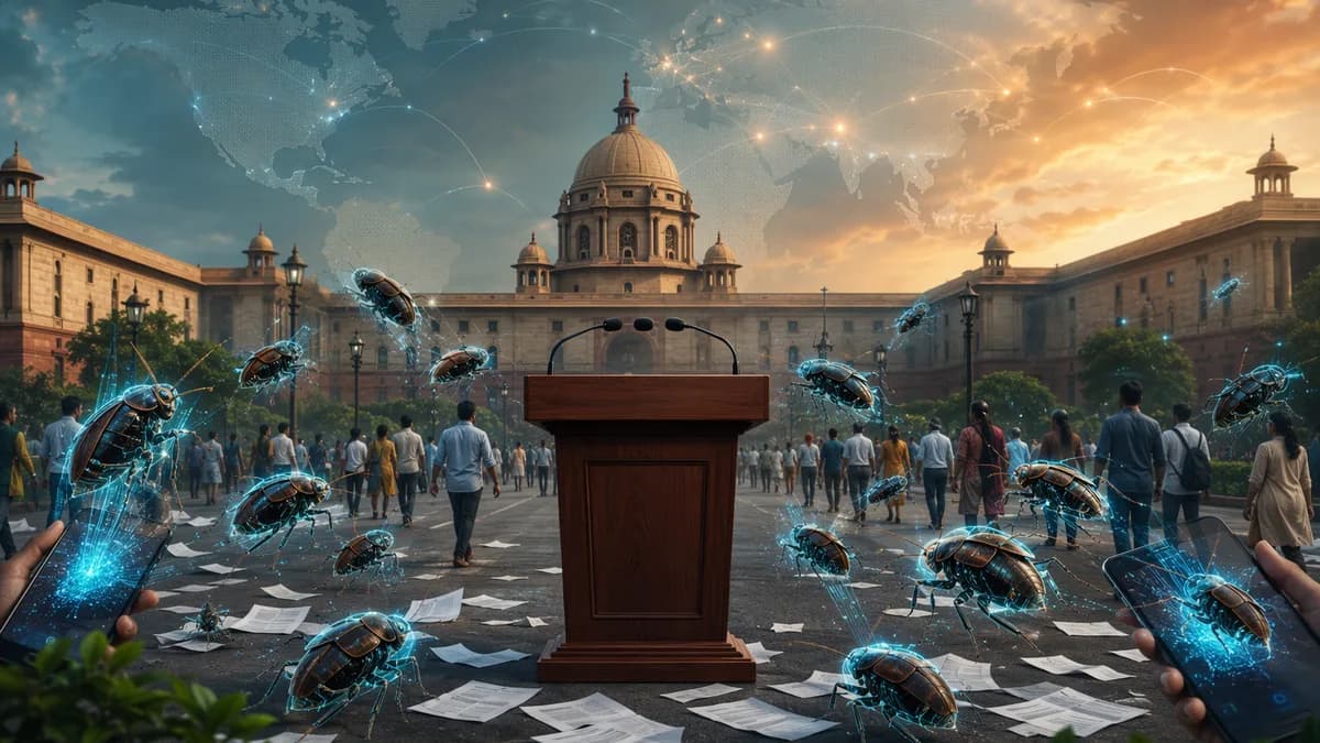 AI-driven protest in India symbolized by robotic cockroaches near an empty government podium.