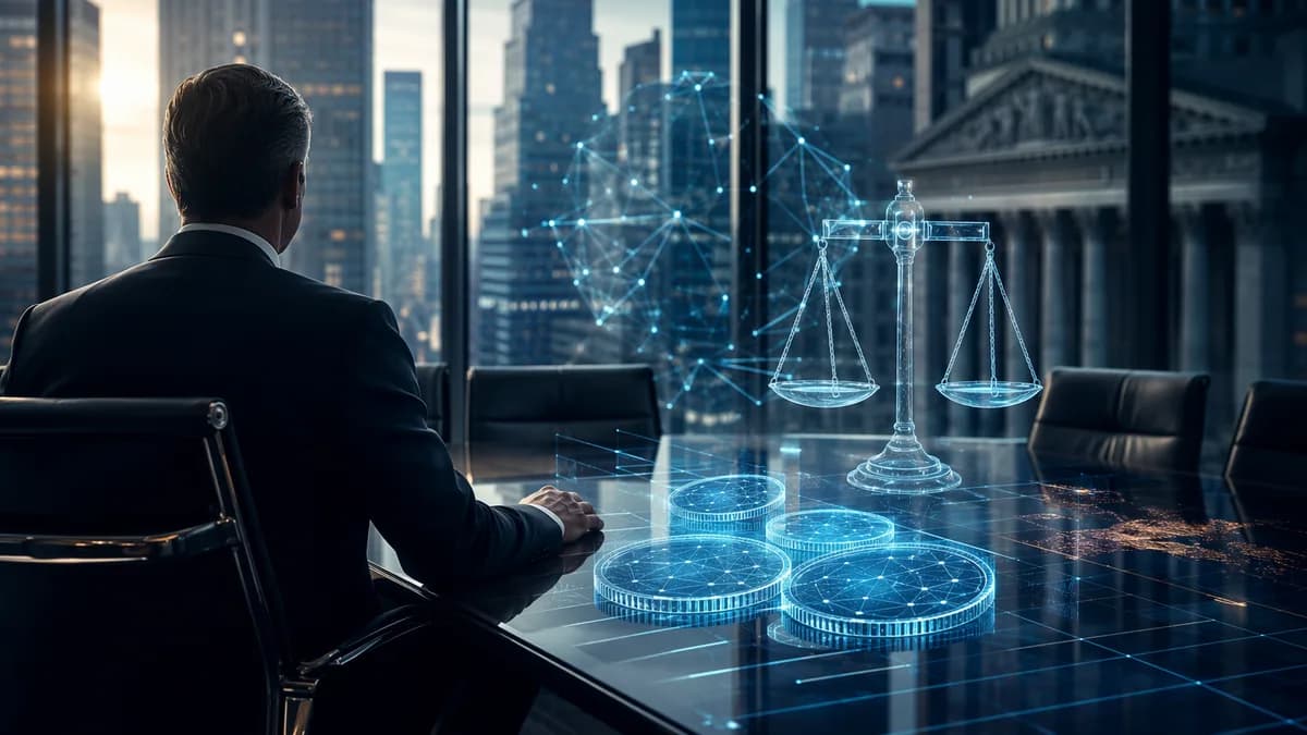 Banking executive with holographic stablecoins and regulation symbols in a modern finance boardroom