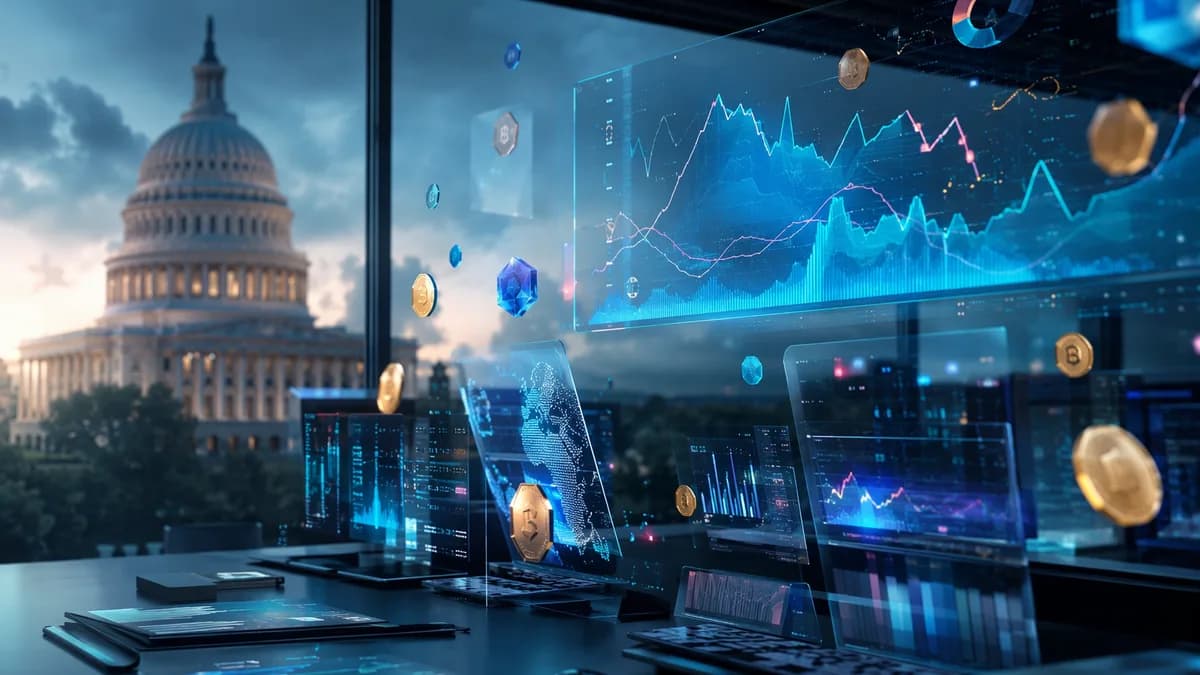 Prediction market dashboard with crypto and government silhouettes reflecting fintech uncertainty